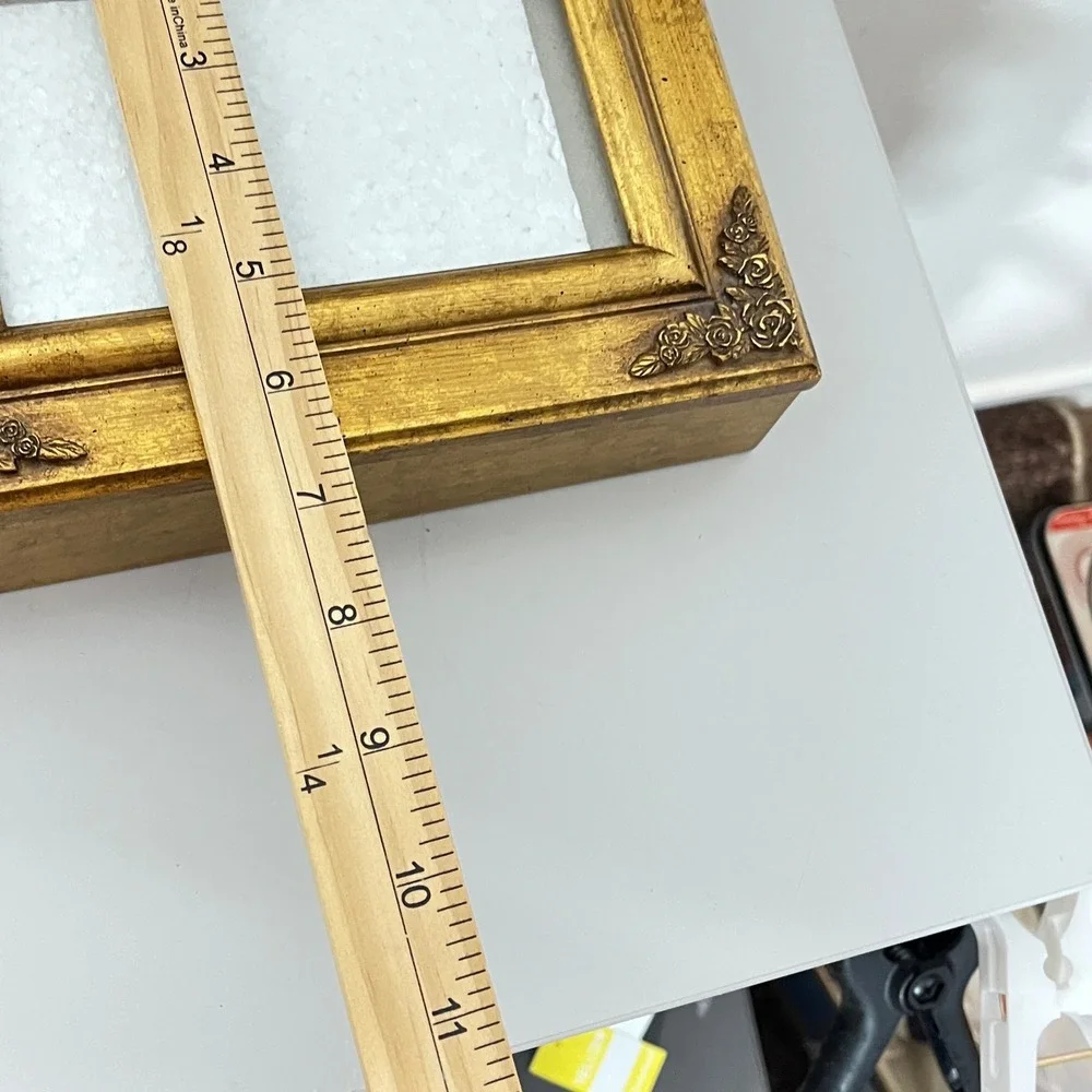 Vintage Jewelry Box Picture Frame Lid Gold Rose Floral Trim 9x7in Keepsake